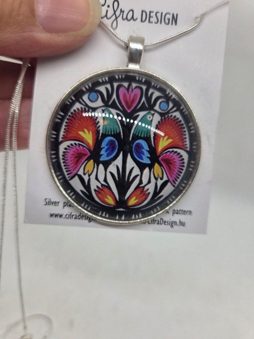 Folk Art Silver-Plated Pendant Necklace made In Hungary Floral Bird Design 18" - Picture 2 of 6